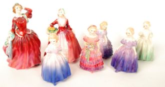 A group of seven Royal Doulton figurines to include Janet HN1537 , HN1499 The little bridesmaid ,