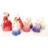 A group of seven Royal Doulton figurines to include Janet HN1537 , HN1499 The little bridesmaid ,