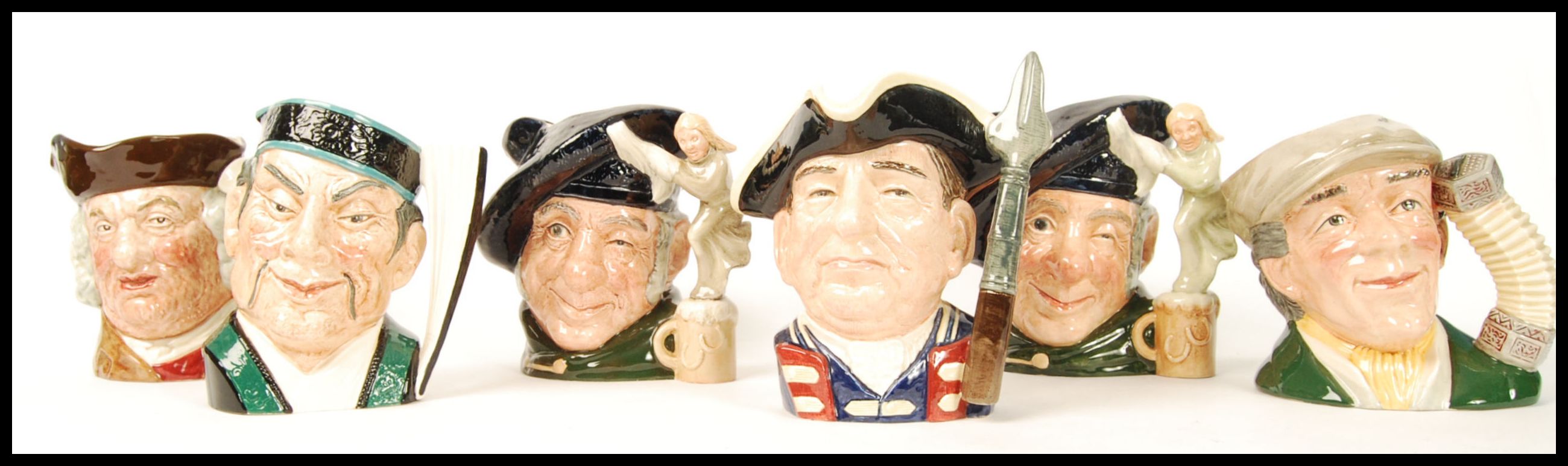 A group of six Royal Doulton character jugs to include Sam Johnson , Tam O Shanter D6632 two