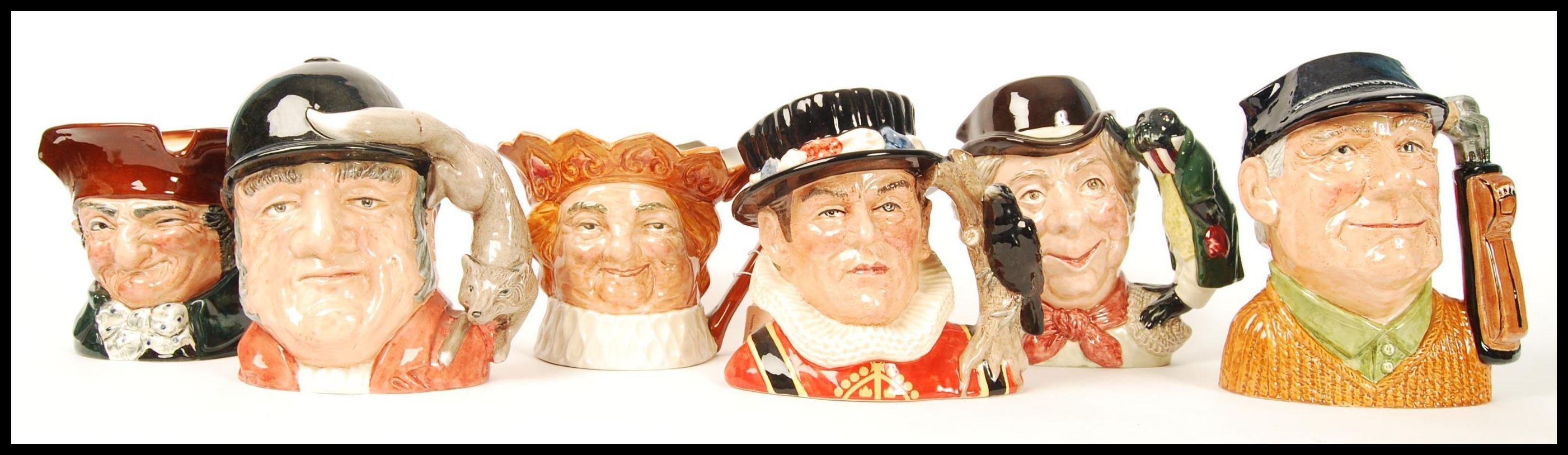 A group of six Royal Doulton character jugs to include Old King Cole , Yeoman D6873 , Old