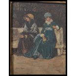 An early 20th century oil on board painting of two ladies sat on a bench. Signed by artist