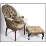 An Antique style Chesterfield silvered leather button back armchair. Raised on mahogany cabriole