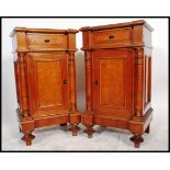 A good pair of French walnut and marble top bedside cabinets. Raised on bun feet with a single