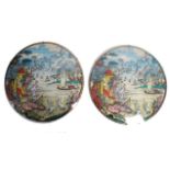 A pair of 1950's convex glass transfer printed retro wall paintings. Each with convex glass having