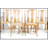 A sett of six early 20th century 1930's Queen Anne revival solid oak dining chairs each having