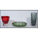A group of three vintage studio art glass Whitefriars pieces to include a controlled bubble bowl