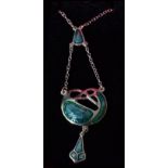 A silver and enamel art deco style pendant necklace having blue / green coloured drop pendant. Chain