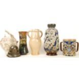 A group of Doulton stone ware to include a three handles Lygon vase , Floral wall pocket , three