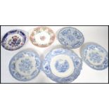 A collection of six ceramic 19th century cabinet plates to include Imari style, blue and white