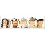 A group of five Royal Doulton character jugs to include Gladiator D6550 , Captain Hook D6947 , The