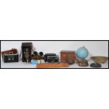 A collection of vintage items to include a wooden money box with initials T.S a tin desk top globe ,
