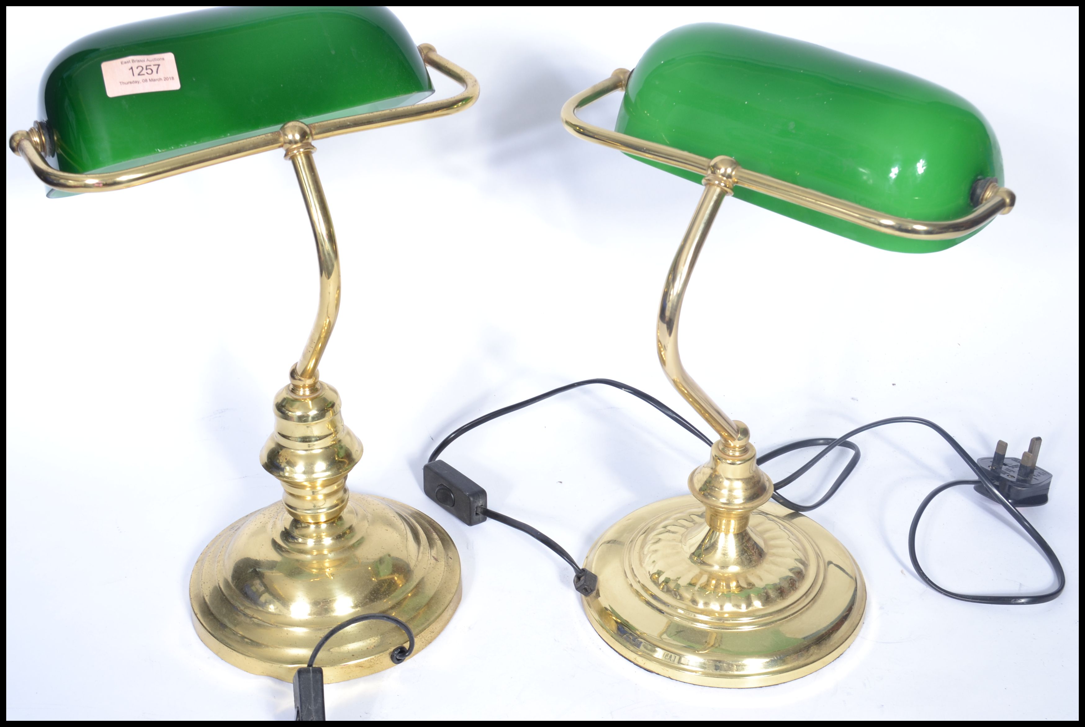 A near pair of vintage style 20th century brass bankers lamps raised on circular bases with arched - Image 5 of 5