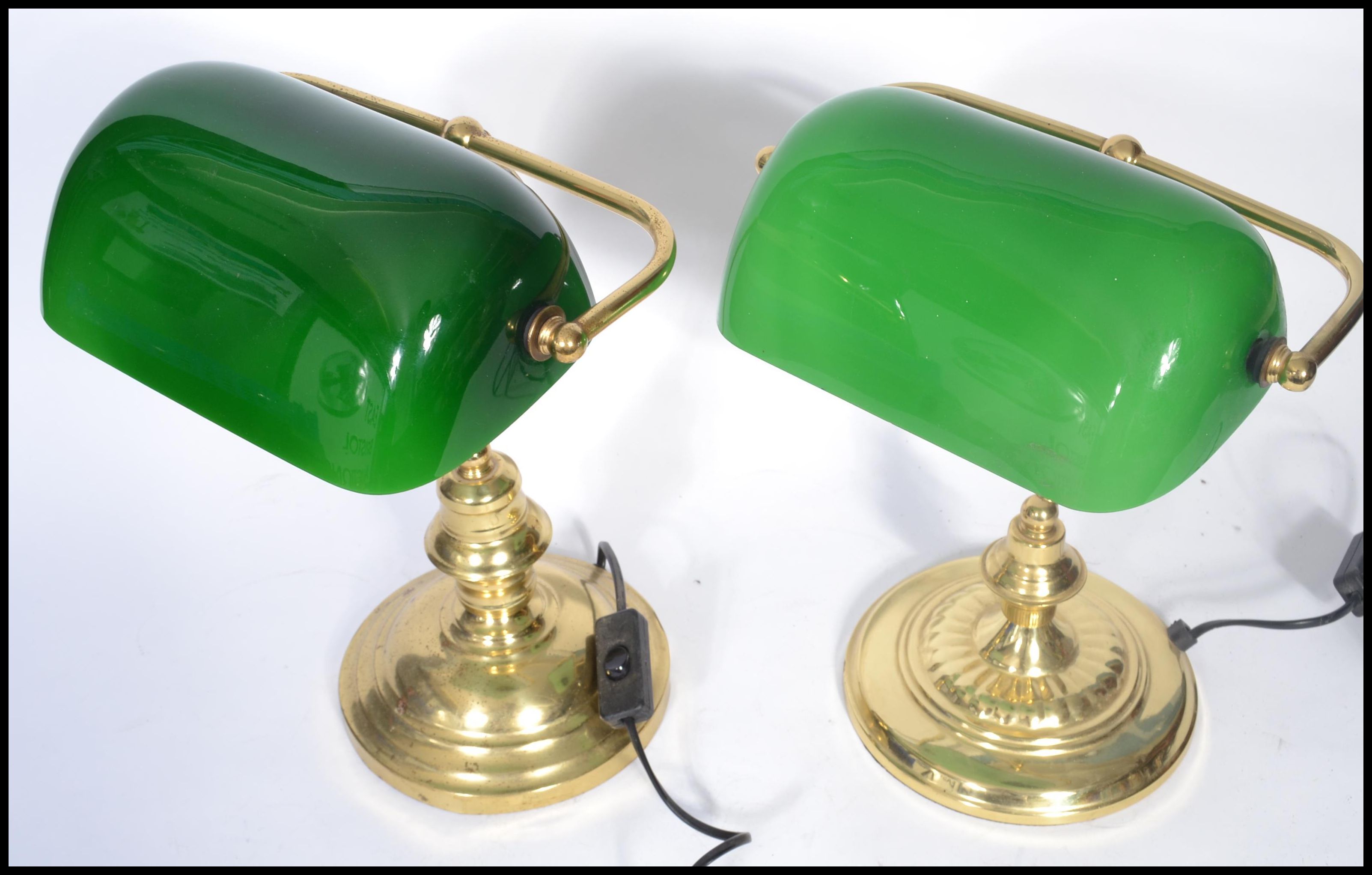 A near pair of vintage style 20th century brass bankers lamps raised on circular bases with arched - Image 4 of 5