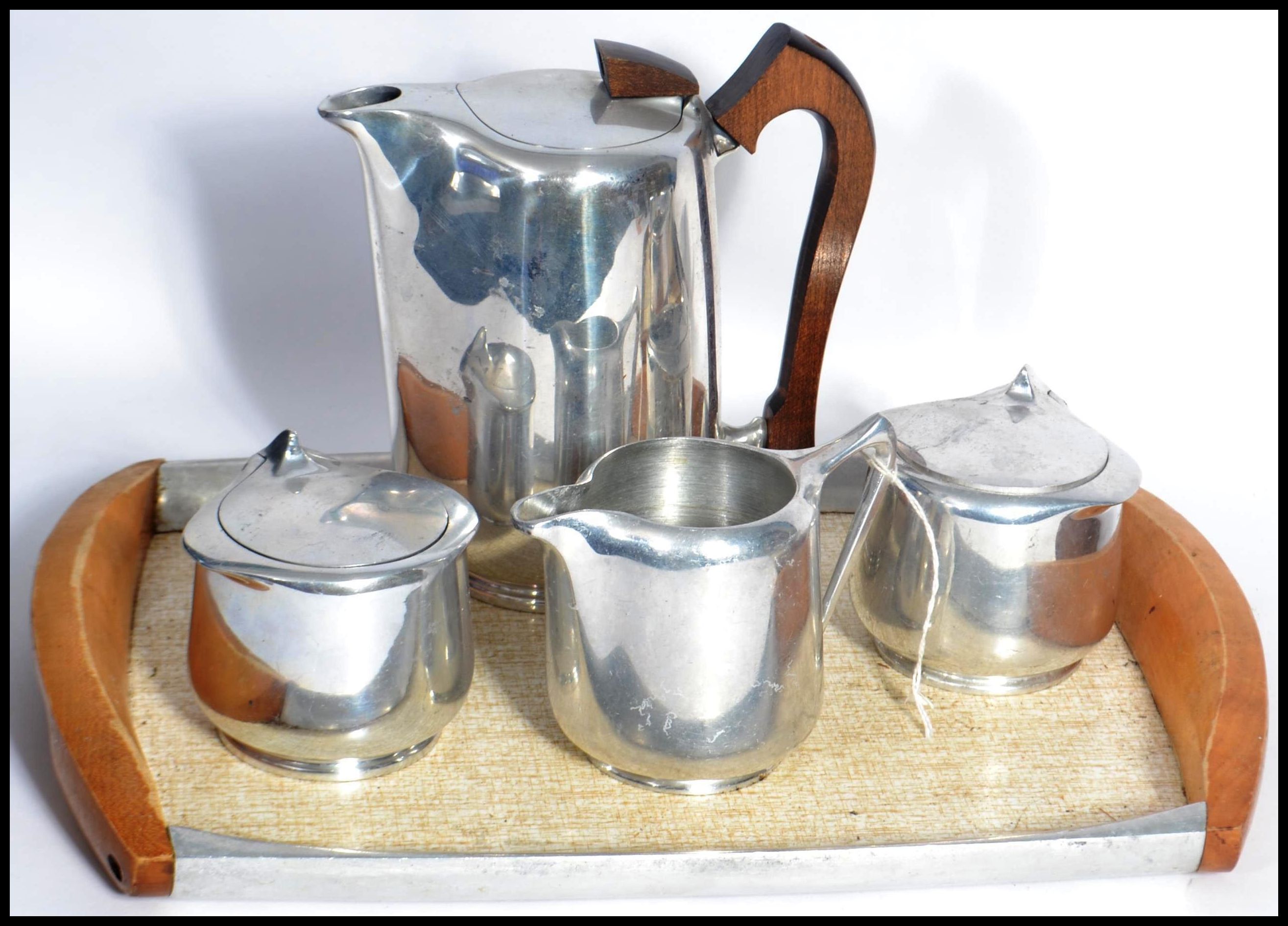 A vintage Picquot ware mid century stainless steel and teak wood service comprising 2 trays, - Image 4 of 8