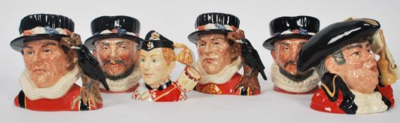 A group of Six Royal Doulton London related character jugs to include two Beefeaters , two Yeoman of