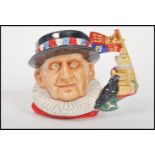 A Royal Doulton character jug depicting a Beefeater D7299, handle modelled as the Royal Standard