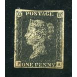 Stamps; 1840 1d Penny Black with letters PA from plate 7. Four clear white borders. Rare.