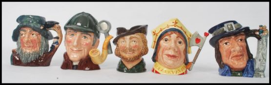 A group of five Royal Doulton character jugs to include The Red Queen D6777 , Rip Van Winkle D6438 ,