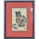 A vintage 20th century Chinese framed and glazed watercolour painting depicting a cat, signed to