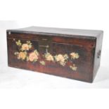 An antique Chinese Gansu province popular wood storage trunk / blanket box / coffer having a red and