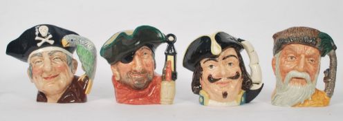 A collection of Royal Doulton character jugs entitled ' Long John Silver ' D6335 , ' Capt Henry