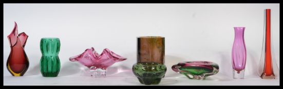 A collection of vintage 20th century studio art glassware to include green Whitefriairs Molar bubble