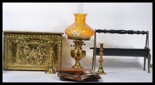 A collection of vintage items to include a pair of 19th century Georgian pusher candlesticks , a