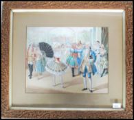 A 19th century watercolour painting of a dandy gent and lady dancing at a fancy dress ball with
