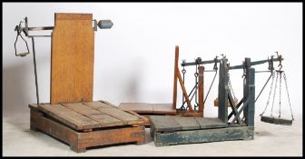 A collection of 3 19th / early 20th century Industrial farming scales - grain scales. Of wooden