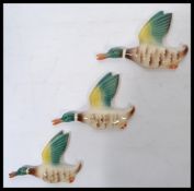 A set of three graduating vintage mid 20th century ceramic wall hanging Mallard Ducks, impressed