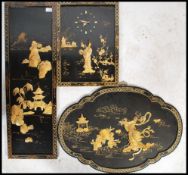 A collection of three Chinese lacquer and chinoserie shibiyama wall plaques decorated with mother of