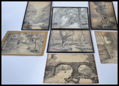 A collection of 7 Edwardian period pen and ink country scene paintings signed by Tolman dating to