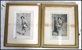 A pair of framed etching on white satin pictures a