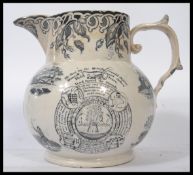 A 19th century pearlware jug ' Farmers Arms ' /  ' God Speed the Plough...in God is our Trust having