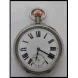 A silver plated Swiss made lever open faced crown wind pocket watch, having enamel face with Roman