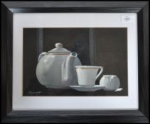 A 20th century Oil on board painting of a still life study of a teapot, cup and bowl being signed