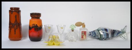 A group of retro ceramics and glass to include two West German fat lava vases Scheurich 206-26 and