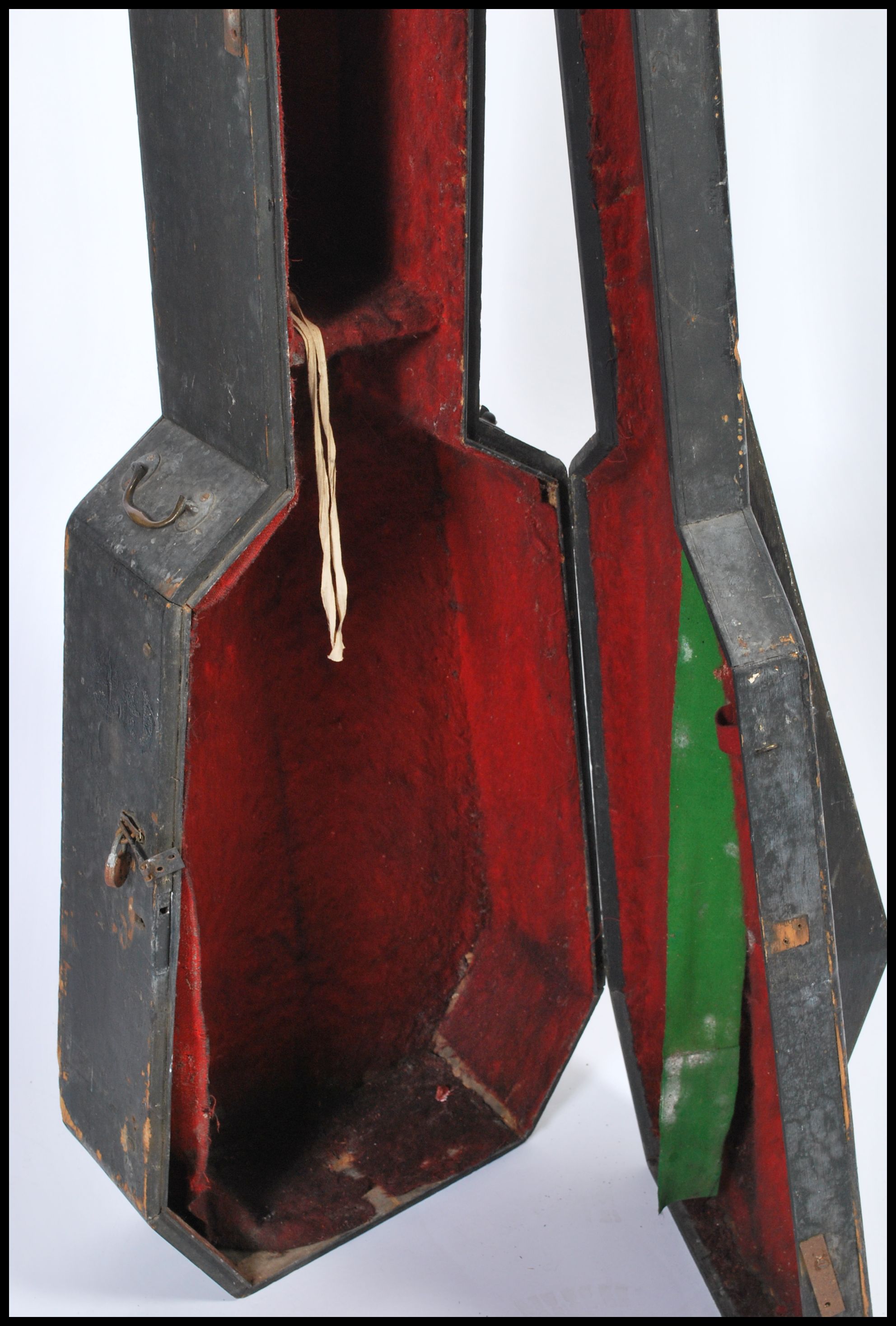 A decorative unusual early 20th century wooden cello case of ebonised finish having a lined - Image 6 of 8