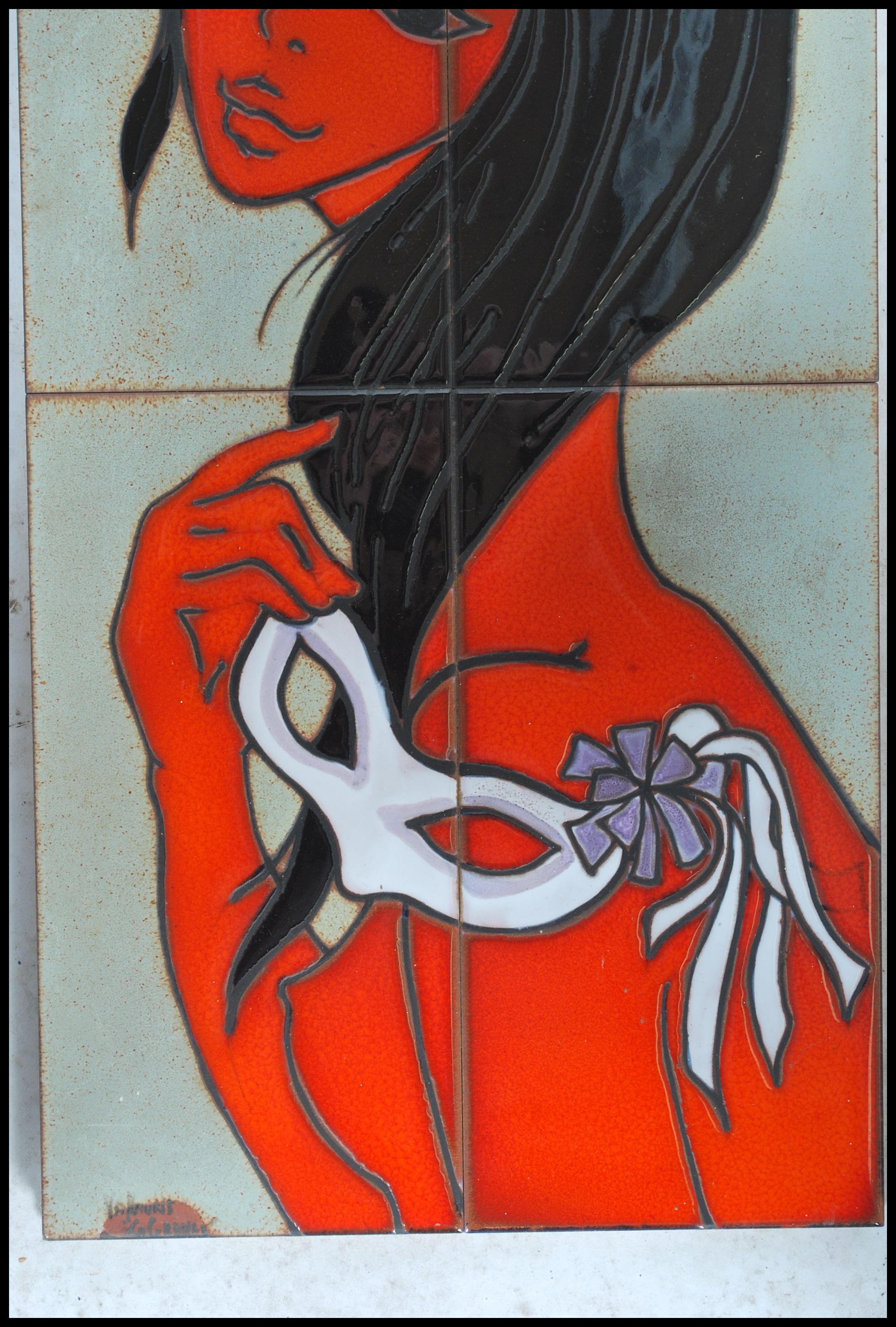 A retro 1960s tile work wall picture of a young lady with a masquerade mask in her hand, signed to - Image 3 of 7