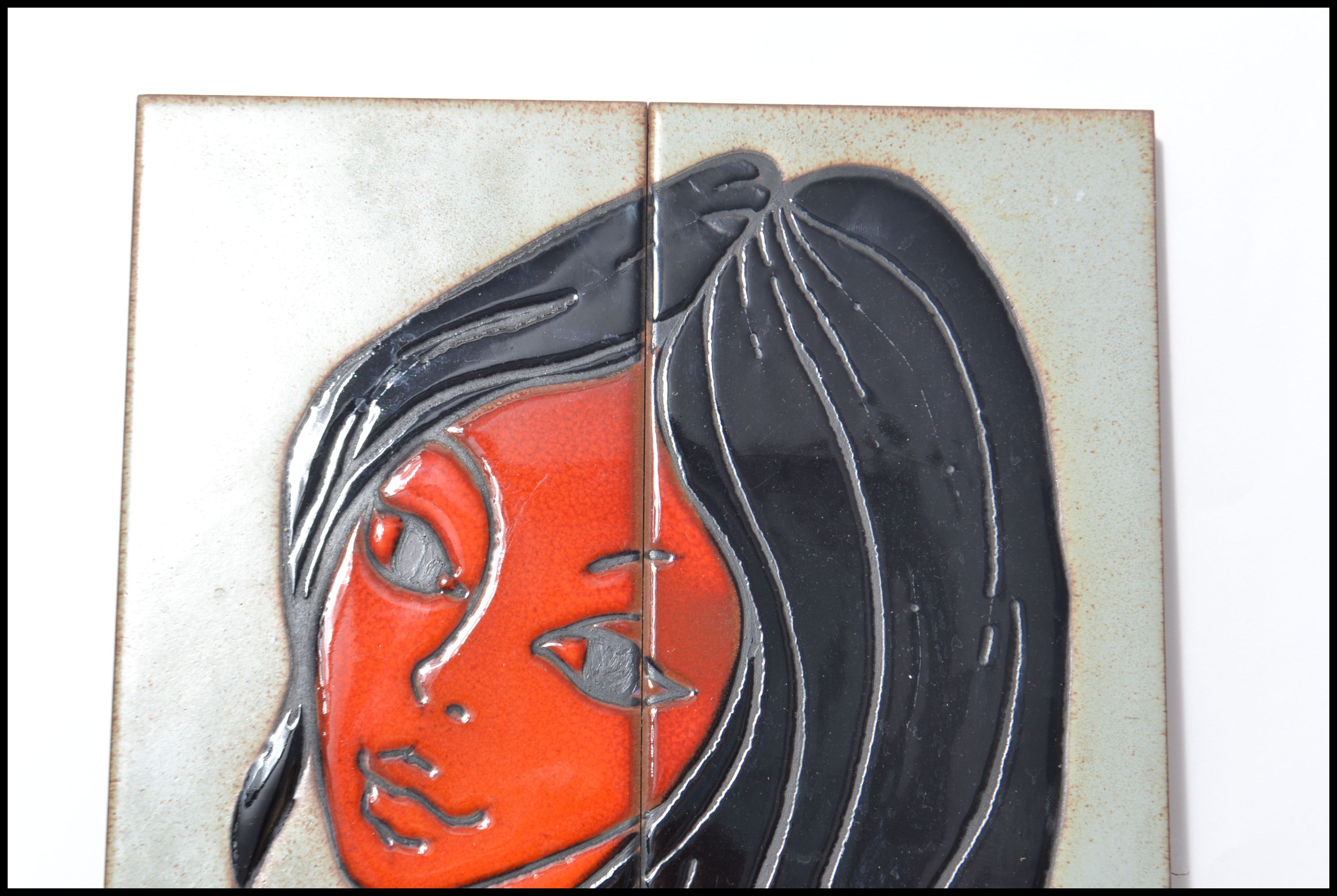 A retro 1960s tile work wall picture of a young lady with a masquerade mask in her hand, signed to - Image 6 of 7