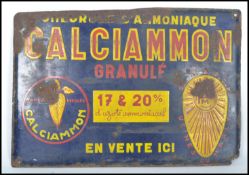 A vintage 1930's Art Deco French enamel industrial advertising sign for Calciammon Granule. The blue