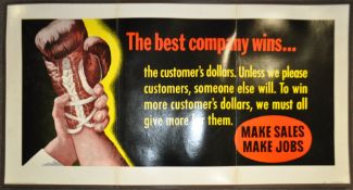 A mid century American advertising poster ' The Best Company Wins.... the customers dollars.