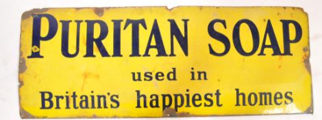 An early 20th century Puritan Soap rectangular Industrial enamel sign having yellow ground with