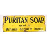 An early 20th century Puritan Soap rectangular Industrial enamel sign having yellow ground with