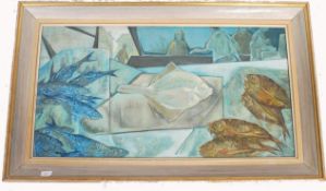 Oliver Heywood (British 1920-1992) An original oil on canvas painting entitled ' Fish Slab ' being