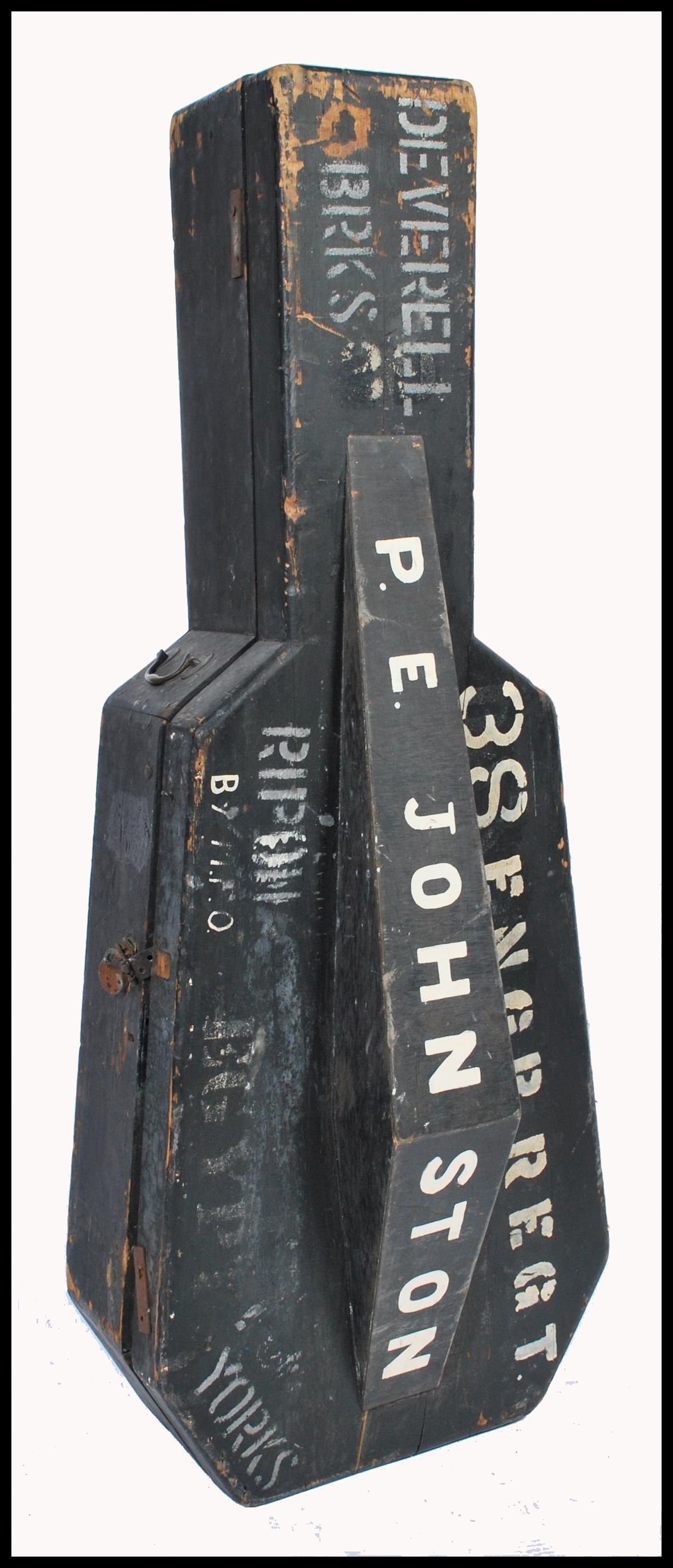 A decorative unusual early 20th century wooden cello case of ebonised finish having a lined