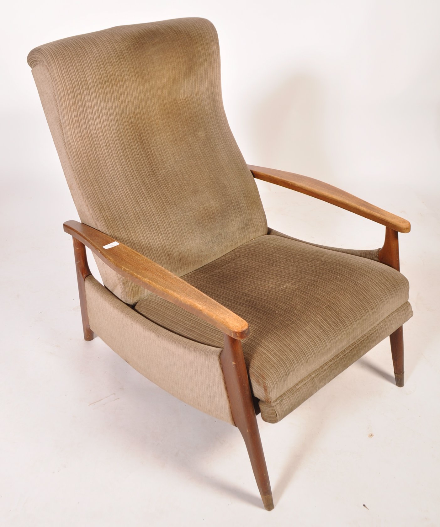 A mid century retro armchair having show wood frame with reclining action and upholstered in a beige - Image 2 of 5