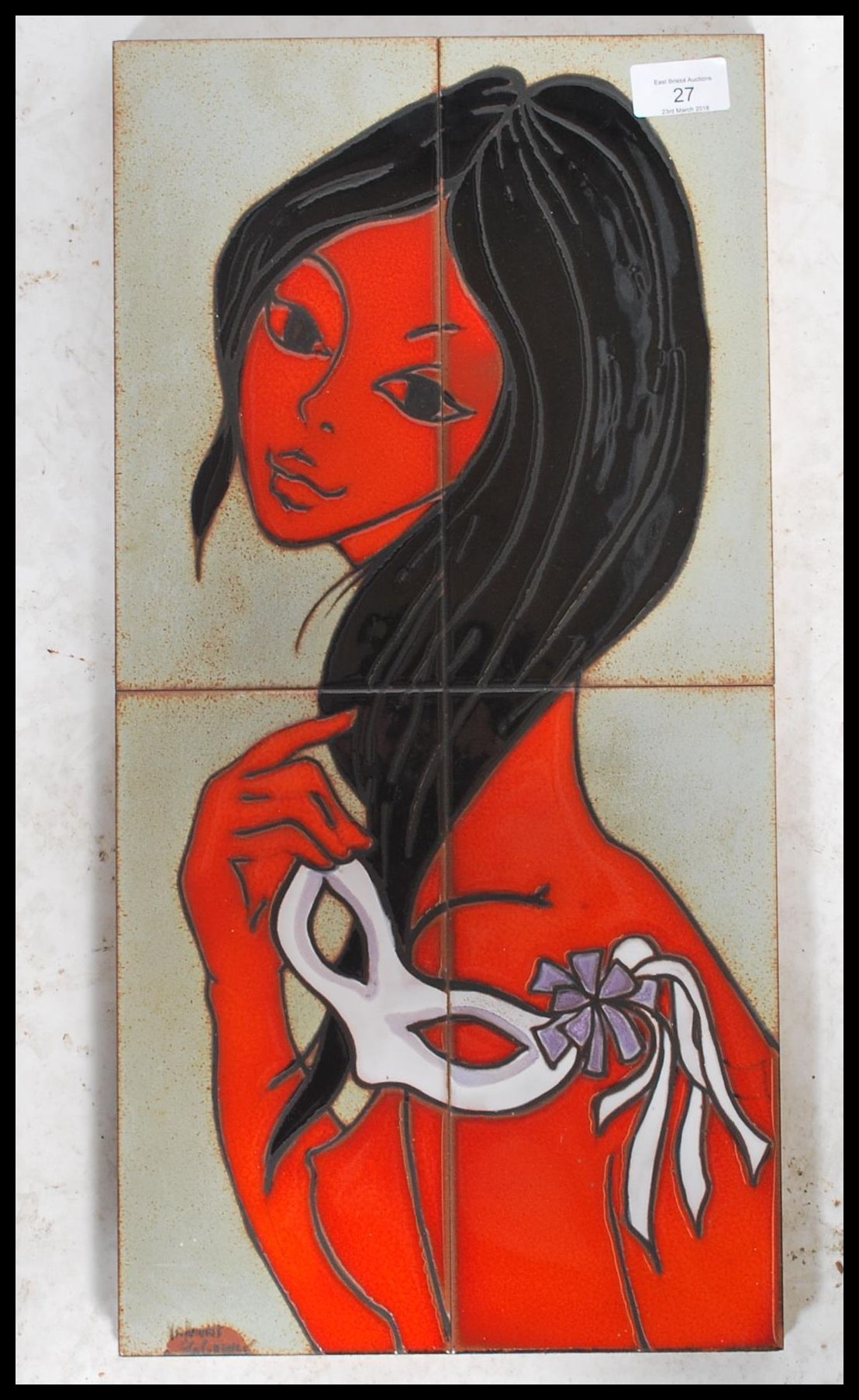 A retro 1960s tile work wall picture of a young lady with a masquerade mask in her hand, signed to