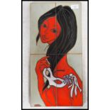 A retro 1960s tile work wall picture of a young lady with a masquerade mask in her hand, signed to