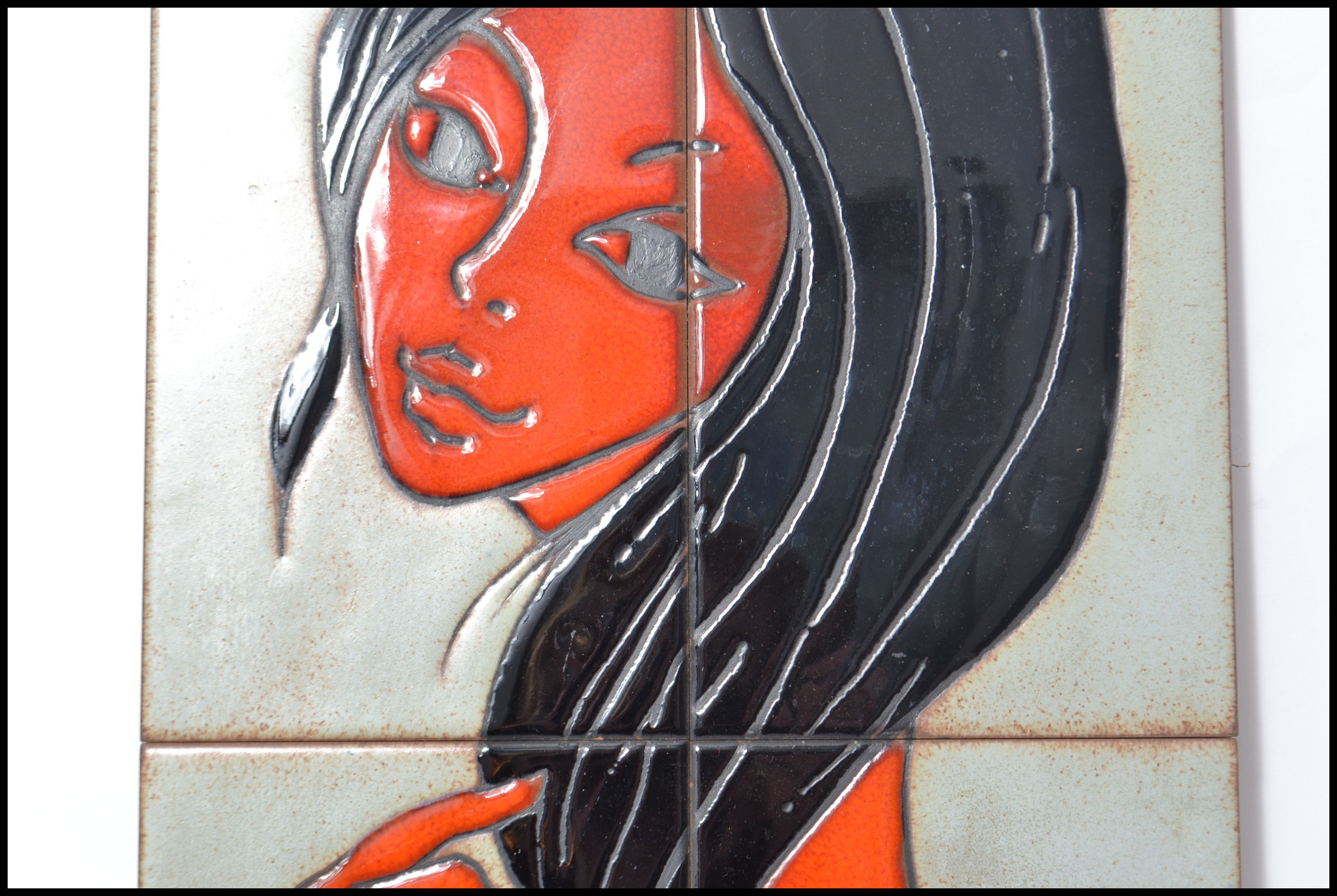 A retro 1960s tile work wall picture of a young lady with a masquerade mask in her hand, signed to - Image 5 of 7